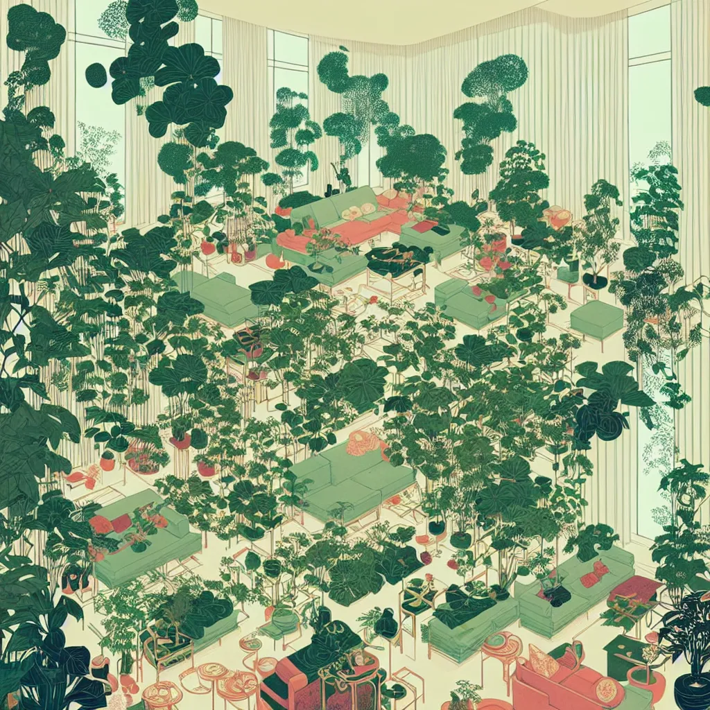 Prompt: luxury living room full of plants and trees by victo ngai