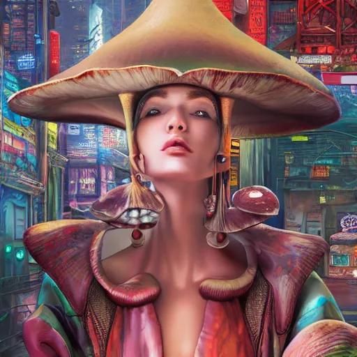 Image similar to A mushroom in a robe & pointed hat hyperrealism graffiti 8K 3D cyberpunk hyperdetailed serene cosmic Nvidia GeForce RTX 3060 Ti Moebius polished elaborate complex meticulous Horde 3D, Rafael Santi”