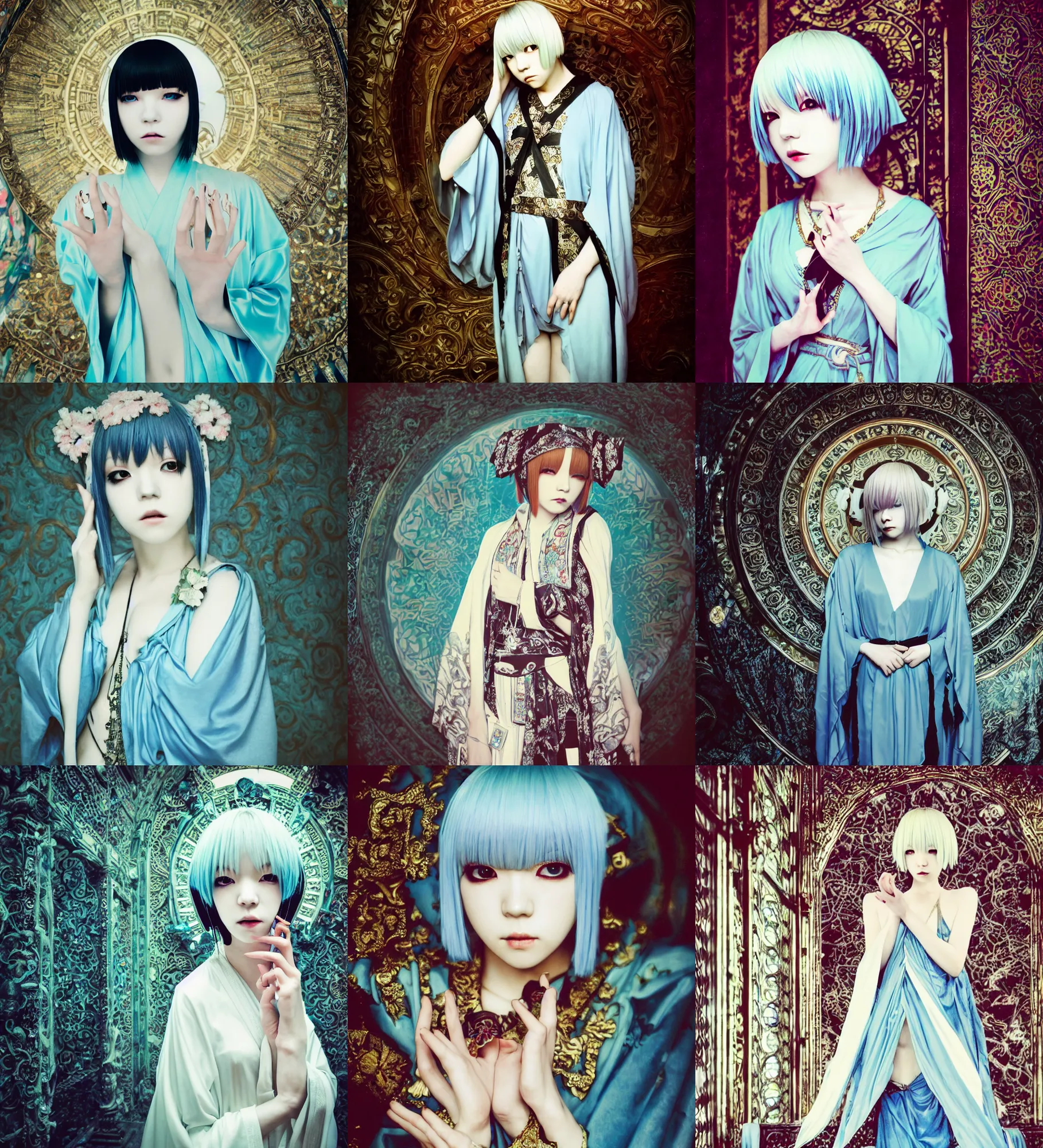 Prompt: lomography, full body portrait photo of women like reol wearing magical robes holding a ritual in a ornate temple interior, moody, realistic, dark, skin tinted a warm tone, light blue filter, hdr, rounded eyes, detailed facial features, white gold black, alphonse mucha, heian