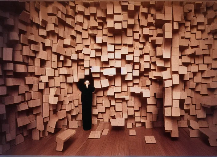 Image similar to realistic photo portrait of the a human computer made of wooden fragments levitating in the living room wooden walls 1 9 9 0, life magazine reportage photo