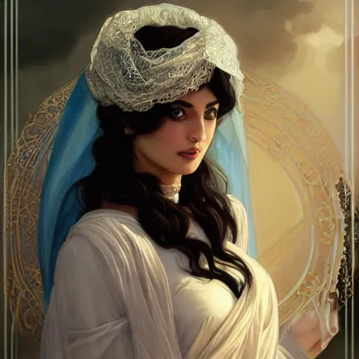 Prompt: greek Ameera al-Taweel, blue eyes, wavy black hair, white veil, highly detailed, digital painting, artstation, concept art, smooth, sharp focus, illustration, ArtStation, art by artgerm and greg rutkowski and alphonse mucha and J. C. Leyendecker and Edmund Blair Leighton and Katsuhiro Otomo and Geof Darrow and Phil hale and Ashley wood and Ilya repin and Charlie Bowater