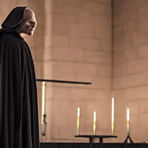 Image similar to emperor palpatine preaching to people at church, 8k cinematic lighting, very sharp detail, anatomically correct