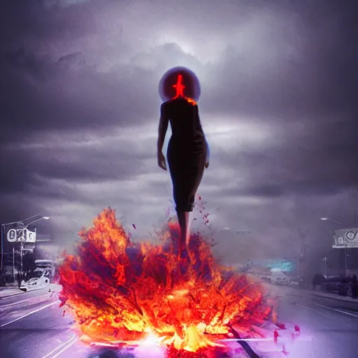 Prompt: a woman on fire, city on fire, giant, photoshop, sci - fi, award winning, photo manipulation