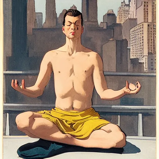 Prompt: man in meditating in new york city view, leyendecker style