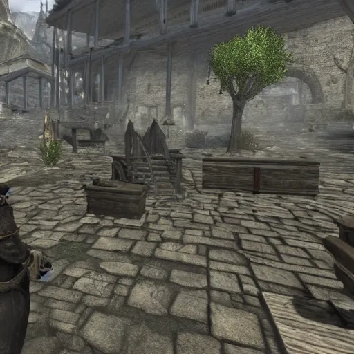 Image similar to chris morris delivers news in the town square, 3 dcg, skyrim, oblivion, morrowind, pc game, gameplay screenshot