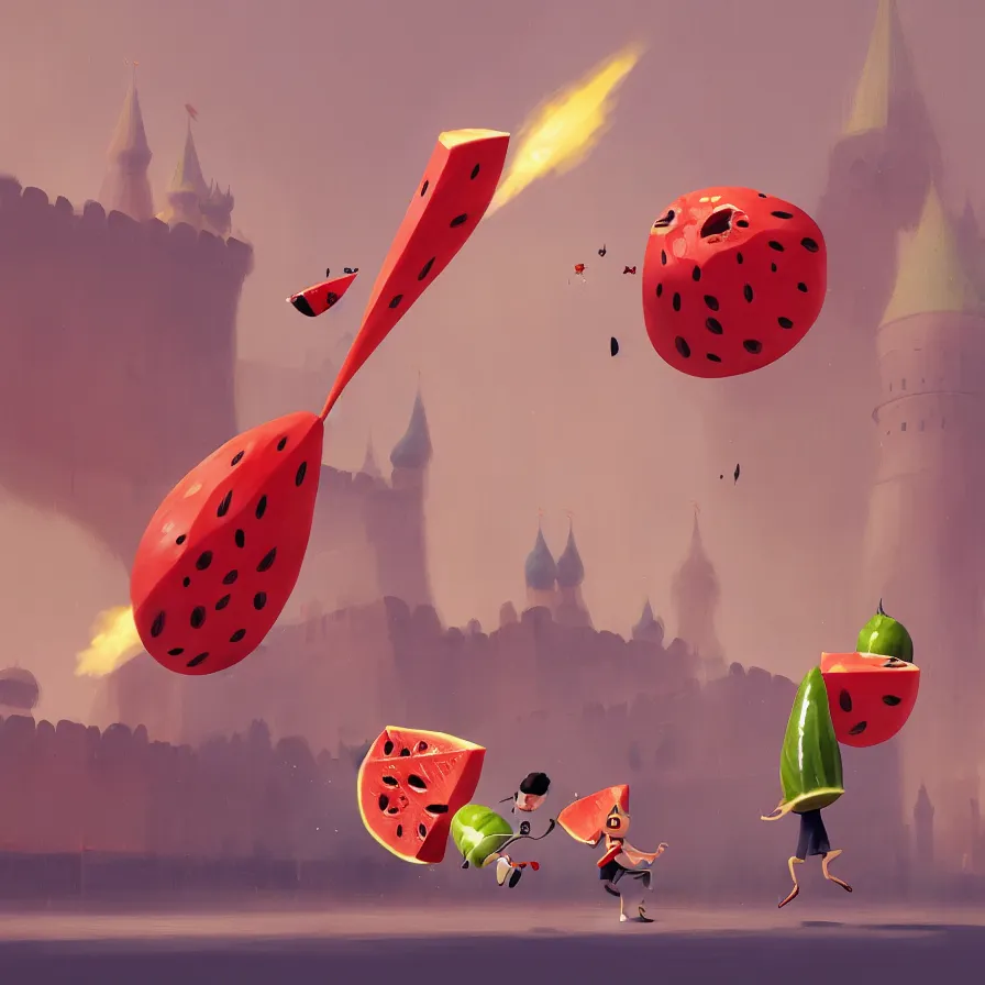 Image similar to Goro Fujita illustrating a watermelon rocket hitting the Red Square Kremlin, art by Goro Fujita, sharp focus, highly detailed, ArtStation