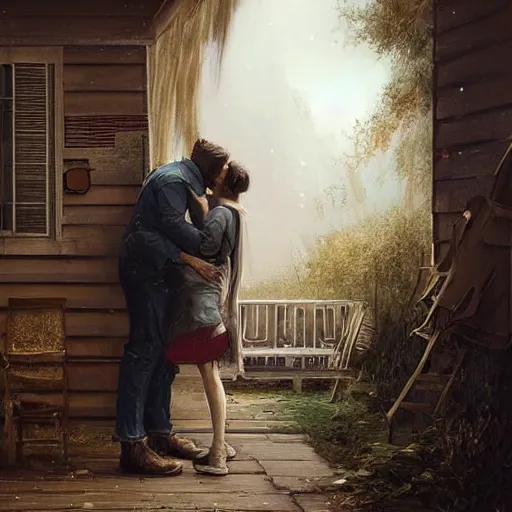 Prompt: a guy is leaving is home with luggage and sad angry mood, his wife is kissing another man under the porch of the house, highly detailed,, artstation hd, deviantart, by madgwick,, greg rutkowski, artgerm