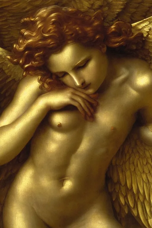 Image similar to Fallen angel by Alexandre Cabanel, face, closeup, ultra detailed, made in gold, Guido Reni style