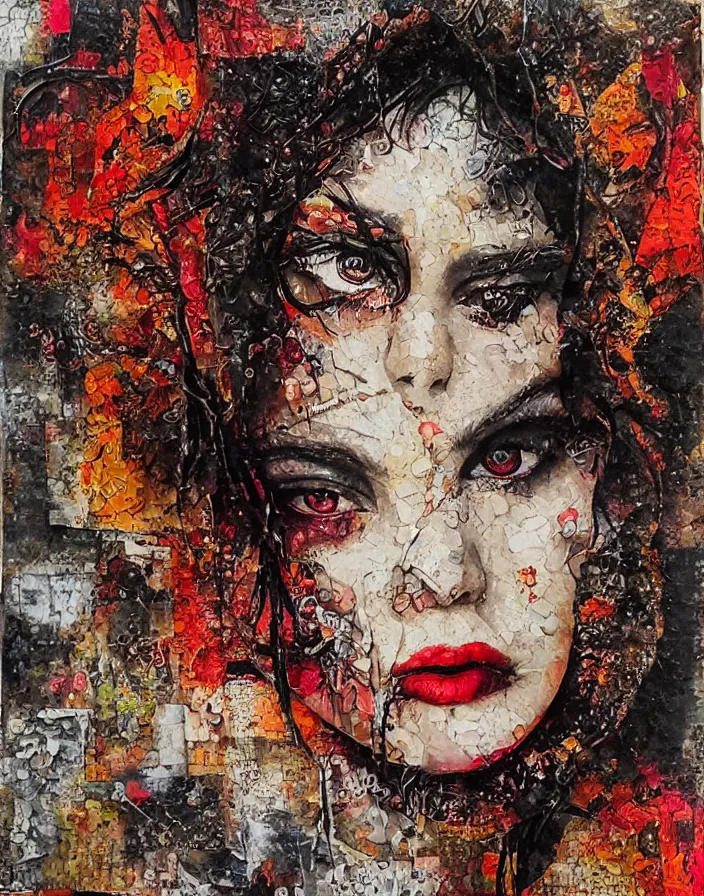 Prompt: passionate lips and burning eyes of wild youth detailed and highly reliefed analogue mixed media collage with canvas texture in style of conteporary art, punk art, photorealistic, expressionism, masterpiece, perfect composition, spectacular quality, intricate oil details