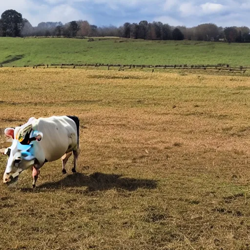 Image similar to cow running from a cage to a countryside