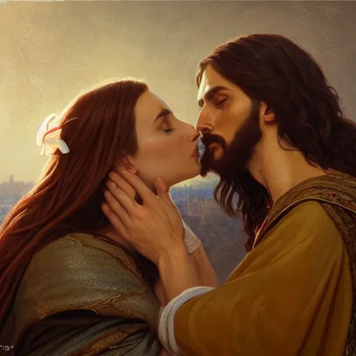 Image similar to jesus kissing a sensual woman in jerusalem, elegant, highly detailed, digital painting, artstation, concept art, matte, sharp focus, highly detailed, 4 k, hdr, smooth, sharp focus, high resolution, award - winning photo, photorealistic, art by artgerm and greg rutkowski and alphonse mucha, large shot