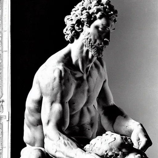 Image similar to “1800s era photograph of Michelangelo sculpting marble statue of Matthew McConaughey as David, hyperrealistic, hd, faded, cracked, stained”