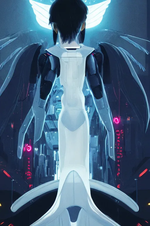 Image similar to white arc-angel with mystic robotic wings, blade runner, akira, ghost in the shell, 2077, ultra detailed, digital art, 8k ,character ,realistic, portrait, hyperrealistic