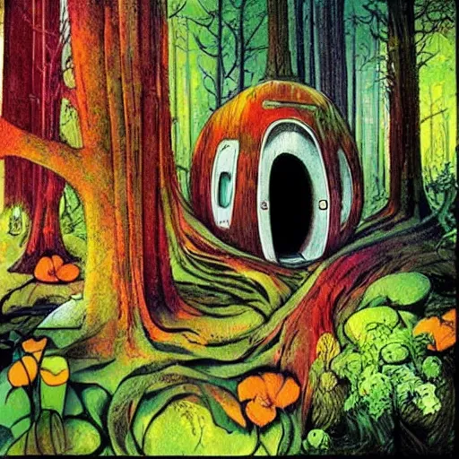 Image similar to A pod home in the forest, bright colors, bloom, cool colors, moody, by Dave mckean and studio ghibli