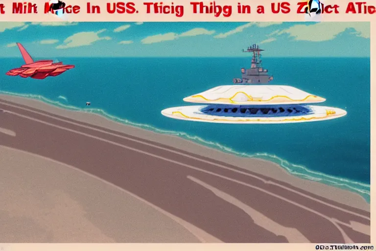 Prompt: tictac shaped ufo flying out of the ocean, uss nimitz tictac ufo incident by studio ghibli, middle of the ocean, tic tac ufo, warship