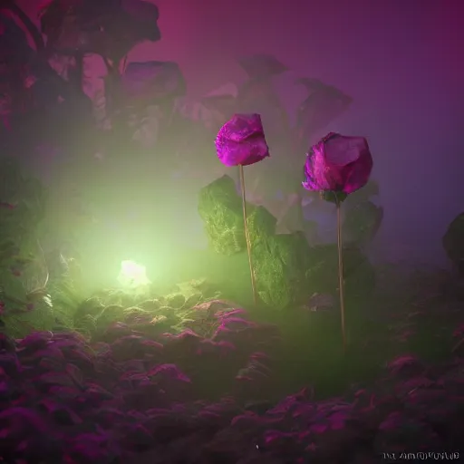 Prompt: one glowing crystalized in the dark rose forest with a rose path that has glowing ovules and lava crystallized ginger by blizzard style artstation trending, magical light fog, night time, low light, volumetric lighting, ue 4, zbrush, marmoset toolbag