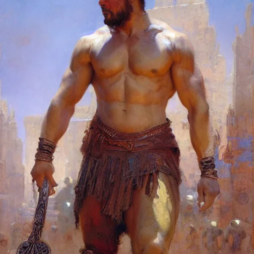 Image similar to Gladiator, muscular, asian, handsome, detailed face, correct face, painting by Gaston Bussiere, Craig Mullins