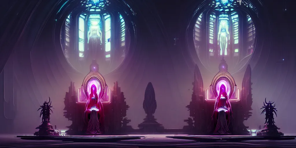 Image similar to ultra detailed female android deity, altar, futuristic gothic environment, ethereal flowerpunk, scifi, fantasy, cyberpunk, octane render, megalopolis, unreal engine, asymmetrical!!! intricate concept art, triadic color, art by artgerm and wlop and giger and greg rutkowski and alphonse mucha, 8 k