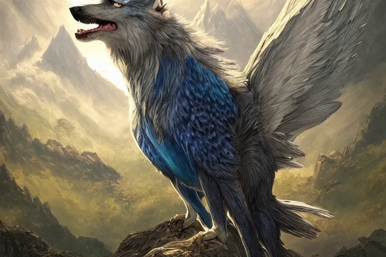 Prompt: Blue feathered wolf with wings on a beautiful fantasy landscape, hills, mountains, moonlit, HD, illustration, epic, D&D, fantasy, intricate, elegant, highly detailed, digital painting, artstation, concept art, smooth, sharp focus, illustration, wallpaper, art by artgerm and greg rutkowski and alphonse mucha and jin xiaodi