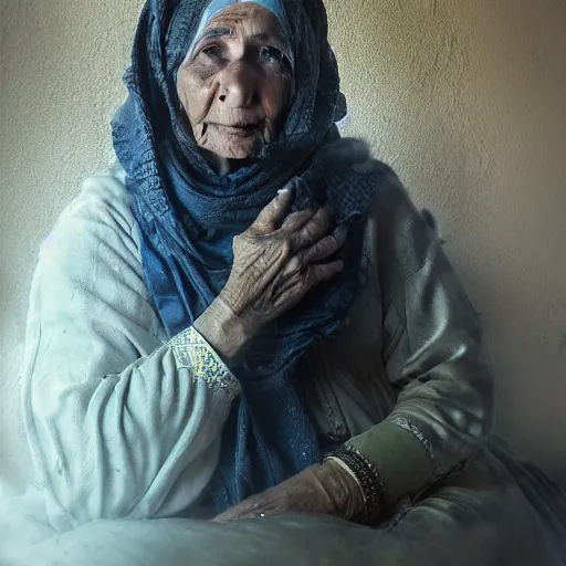 Image similar to hyperrealistic mixed media high resolution image of a beautiful Kurdish grandmother, stunning 3d render inspired art by István Sándorfi and Greg Rutkowski and Unreal Engine, perfect symmetry, 8k octane beautifully detailed render, post-processing, extremely hyper-detailed, intricate, epic composition, highly detailed attributes, highly detailed atmosphere, full body shot, cinematic lighting, masterpiece, trending on artstation, very very detailed, masterpiece, stunning, perfection,