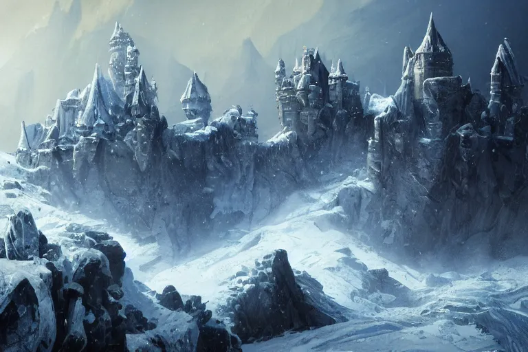 Image similar to single fantasy castle in foreground on a rocky outcrop, highly detailed, icy windswept world with deep blue colours over white, snowdrifts and icicles, illustrated by Greg Rutkowski and Gaston Bussiere, 35mm lens, beautiful macro close-up imagery, moody lighting, beautiful volumetric-lighting-style atmosphere