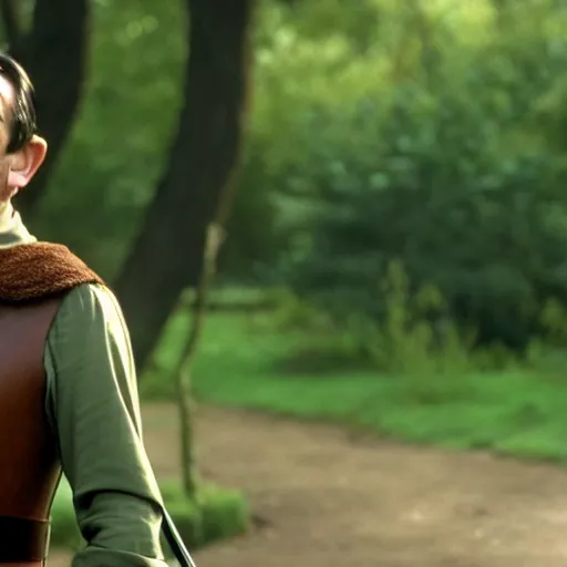 Prompt: mr. bean as robin hood. movie still. cinematic lighting.