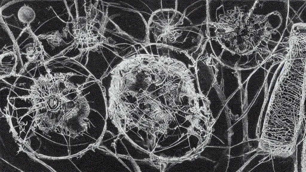 Prompt: a beautiful microscopic scientific photo of a virus and a strange life form seen through an electron microscope, dark, sinister, detailed, art by alan maley