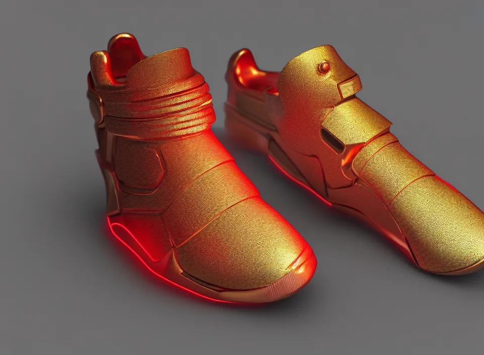 Prompt: realistic 3 d render of a cyberpunk android sneaker, beautiful studio lighting, soft, sharp focus, neon cyberpunk highlights, intricate detail, gold and red metal, soft rubber, textured plastic, octane render, side view, close up, trending on artstation, deviantart, nike, adidas, jakub rebelka