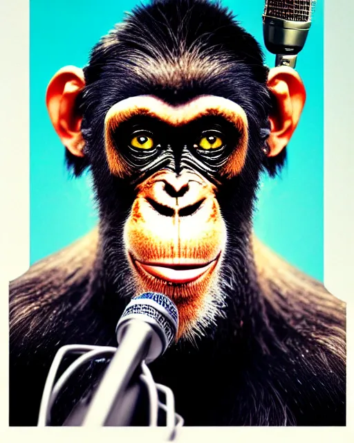 Prompt: a portrait of an anthropomorphic rockstar chimp singing into a microphone on a stand by sandra chevrier, by jon foster, detailed render, tape deck, epic composition, cybernetics, 4 k realistic, cryengine, realistic shaded lighting, sharp focus, masterpiece, by enki bilal