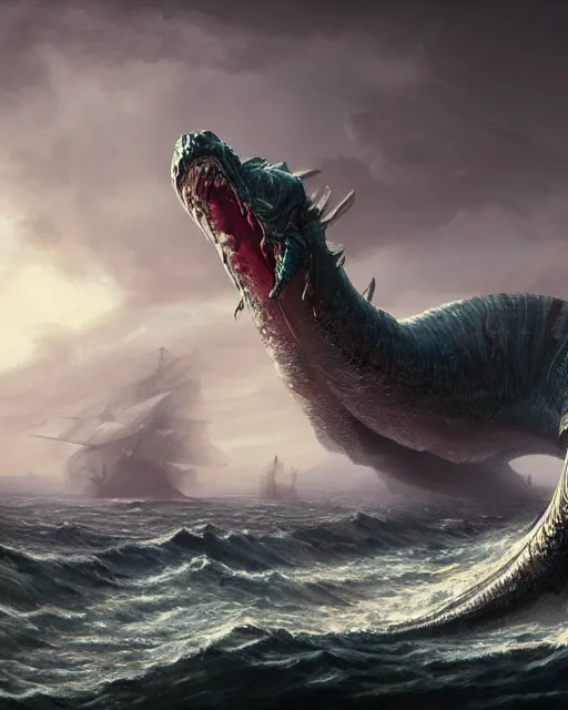 Image similar to A monstrous giant sea serpent in the middle of the sea, fantasy art, in the style of greg rutkowski, illustration, epic, fantasy, intricate, hyper detailed, artstation, concept art, smooth, sharp focus, ray tracing