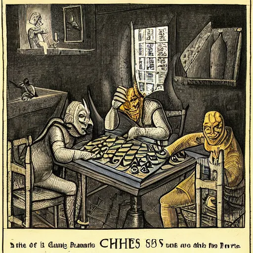 Prompt: playing a game of chess with the devil, fantasy illustration