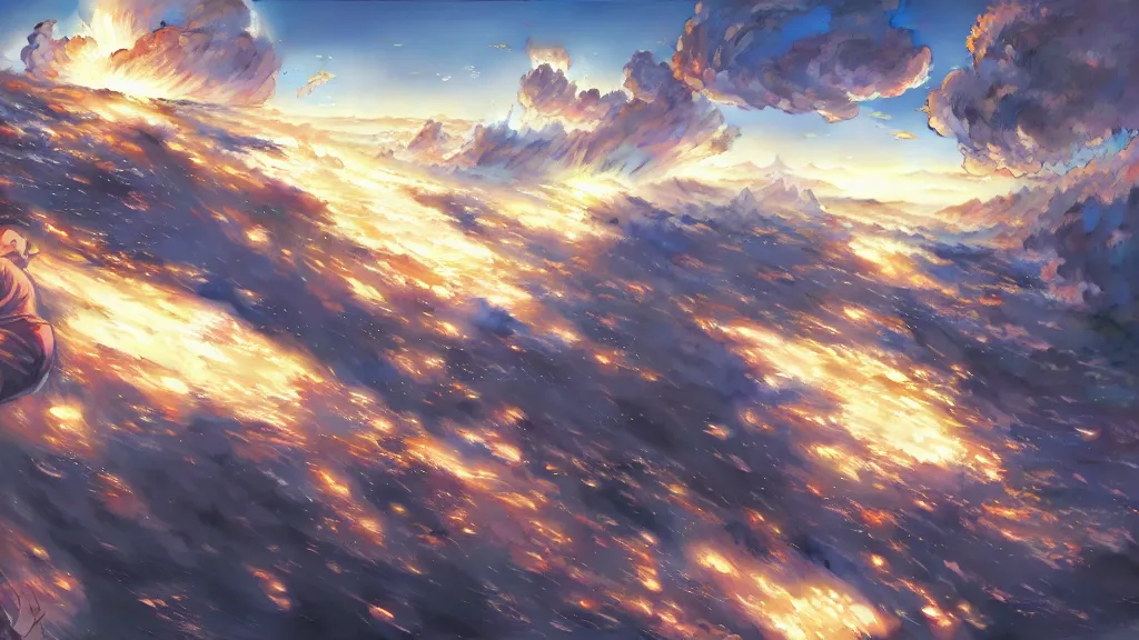 Image similar to highly detailed comic spread depicting an impactful action scene on the sky, high details, dynamic art by murata, moebius, makoto shinkai, craig mullins, digital painting, masterpiece, best selling, pixiv, volumetric lighting, realistic shaded lighting, 8 k, highly detailed render,