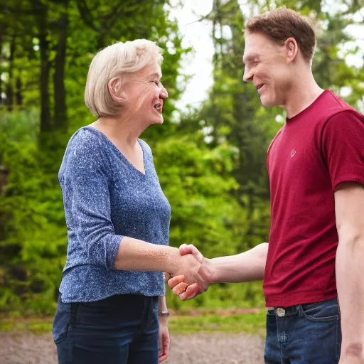 Image similar to jerma985 excitedly shaking hands with Cathy Mitchell, wide shot, 4k, professional photography, editorial, detailed, film still