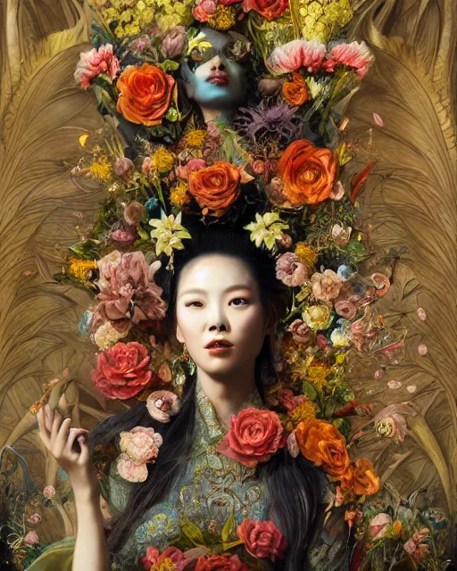 Image similar to portrait of the chinese queen of the underworld, surrounded by flowers by karol bak, james jean, tom bagshaw, rococo, sharp focus, trending on artstation, cinematic lighting, hyper realism, octane render, 8 k, hyper detailed.