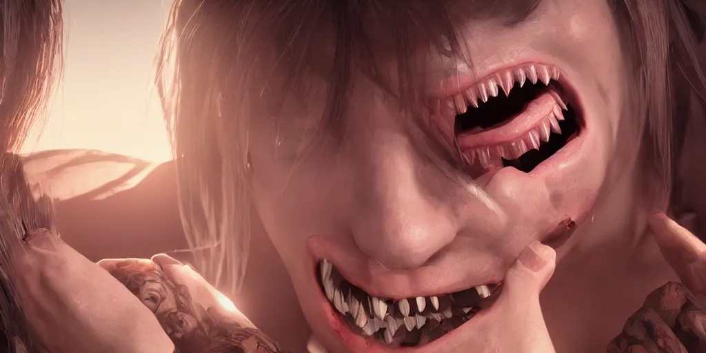 Prompt: a woman with razor sharp teeth, unreal 5, hyperrealistic, realistic, photorealistic, dynamic lighting, highly detailed, cinematic landscape, studio landscape, studio lighting