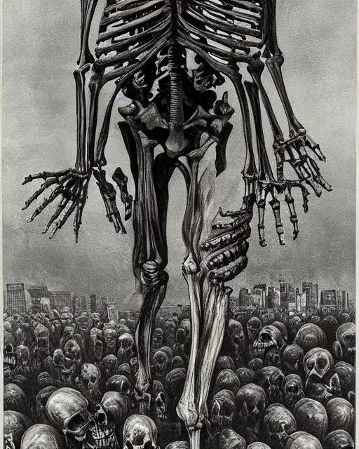 Prompt: a huge human skeleton looming over a city provoking an unsettling & foreboding emotion as citizens run in fear, by Giger, H. R.