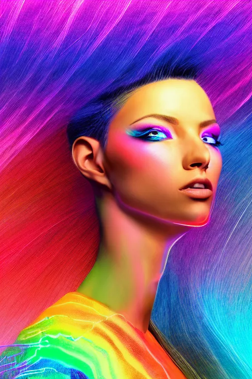 Image similar to a award winning half body portrait of a beautiful woman with stunning eyes in a croptop denim jacket and cargo pants with ombre rainbow hairstyle head in motion and hair flying while dancing by thomas danthony, surrounded by whirling illuminated lines, outrun, vaporware, shaded flat illustration, digital art, trending on artstation, highly detailed, fine detail, intricate