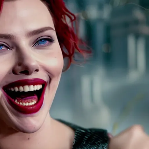 Prompt: beautiful awe inspiring Scarlett Johansen as The Joker smiling maniacally 8k hdr