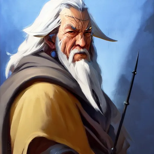 Image similar to greg manchess portrait painting of gandalf as overwatch character, medium shot, asymmetrical, profile picture, organic painting, sunny day, matte painting, bold shapes, hard edges, street art, trending on artstation, by huang guangjian and gil elvgren and sachin teng