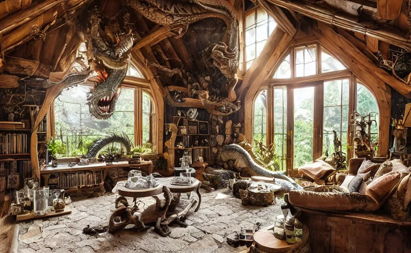 Image similar to cottage living room interior with a witch cauldron and bottles of potions and ingredients in jars, sunny, natural materials, rustic wood, window sill with plants, vines on the walls, dried herbs under the ceiling bookshelves, design. A giant dragon looking through the window. Fire. Gigantic dragon eye. Mordor