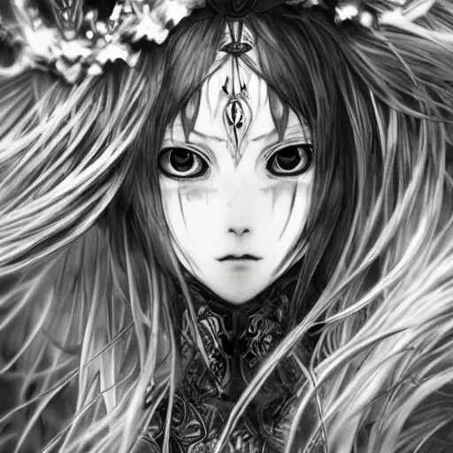 Prompt: yoshitaka amano blurred and dreamy illustration of an anime girl with black eyes, wavy white hair fluttering in the wind wearing elden ring armor and crown with engraving, highly detailed face, abstract black and white patterns on the background, noisy film grain effect, highly detailed, renaissance oil painting, weird portrait angle, blurred lost edges, three quarter view