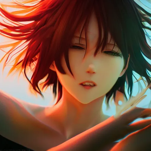 Image similar to photorealistic dramatic liquids anime people render, detailed face, colorful, atmosphere cinematic, by wlop, by ilyu kuvshinov, soft shadows, concept art, super detailed, vfx, houdini, 8 k, super realistic, ufotable studio art style, global illumination, trending in pixiv, dramatic color, ray tracing, god rays