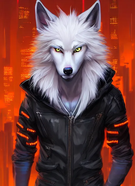 Image similar to award winning beautiful portrait commission of a male furry anthro albino wolf fursona with a tail and a cute beautiful attractive detailed furry face wearing stylish black and orange cyberpunk biker clothes in a cyberpunk city at night while it rains. Character design by charlie bowater, ross tran, artgerm, and makoto shinkai, detailed, inked, western comic book art