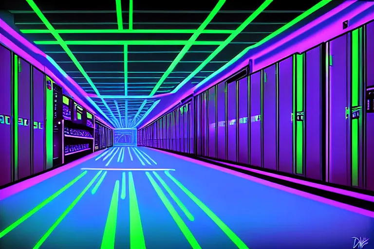 Image similar to realistic robot in a data server room, neon and dark, purple and blue color scheme, by dan mumford and malevich