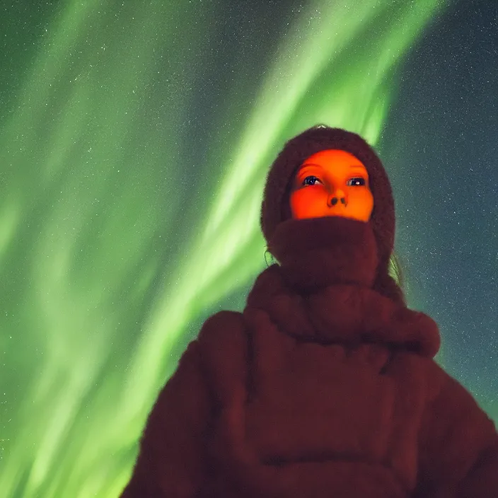 Prompt: closeup portrait of a woman wrapped in orange fiber, standing in alaska, aurora borealis in background, color photograph, by vincent desiderio, canon eos c 3 0 0, ƒ 1. 8, 3 5 mm, 8 k, medium - format print