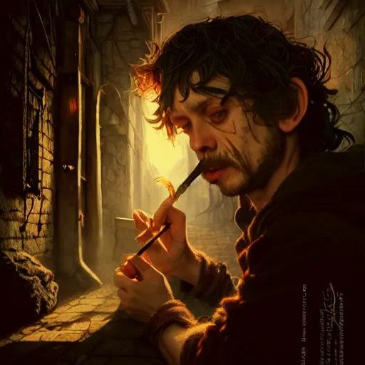 Prompt: Drug addict hobbit smoking crack in a dark alley, ultra realistic, concept art, intricate details, dark, highly detailed, photorealistic, octane render, 8k, unreal engine, art by artgerm and greg rutkowski and alphonse mucha