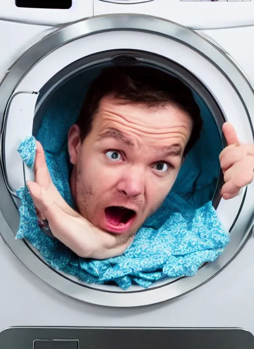 Prompt: man stuck inside a washing machine, bad quality, shaky camera, funny