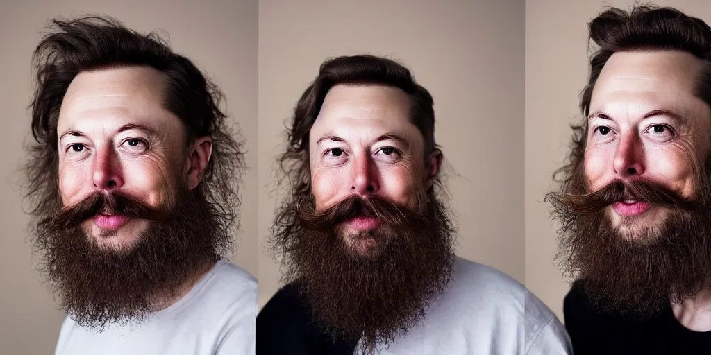 Image similar to toddler elon musk with long mustache and epic beard, 5 0 mm, studio lighting