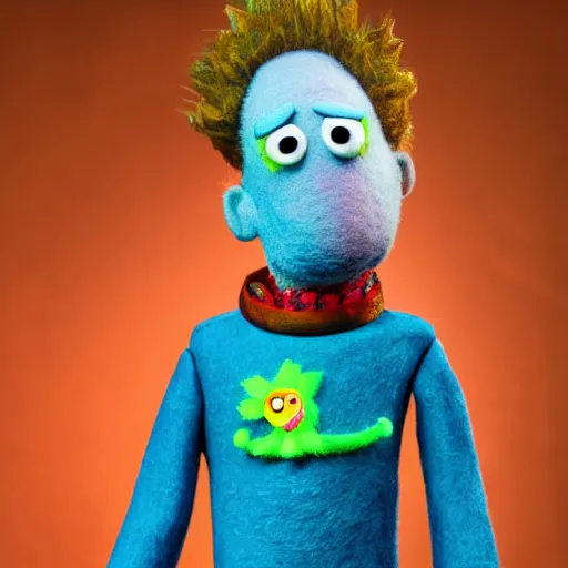 Image similar to morty smith as a muppet. highly detailed felt. hyper real photo. 4 k.