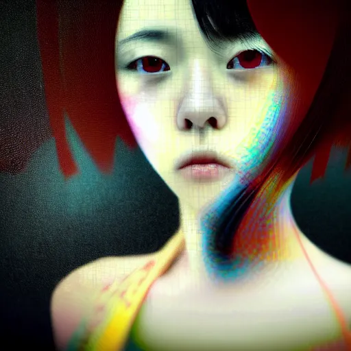 Image similar to yoshitaka amano blurred and dreamy realistic three quarter angle portrait of a young woman with short hair and black eyes wearing office suit with tie, junji ito abstract patterns in the background, satoshi kon anime, noisy film grain effect, highly detailed, renaissance oil painting, weird portrait angle, blurred lost edges